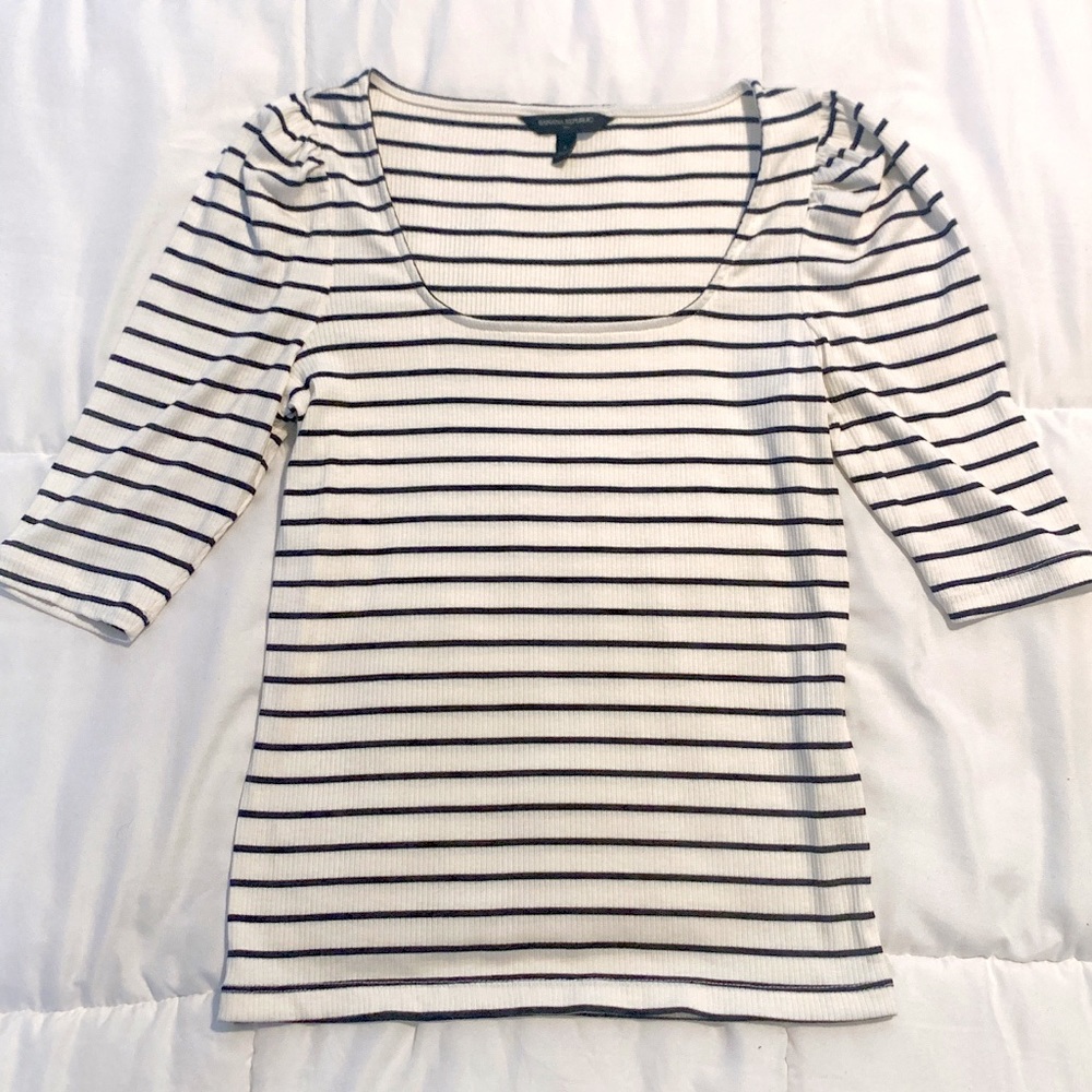 Ribbed Cap Sleeve Square Neck 3/4 Striped Top